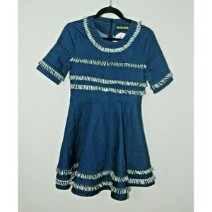 Pixie Market Dress Denim Blue Jean with Fringes Skater Dress Size Small